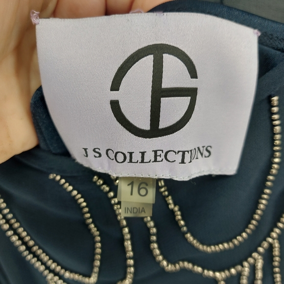 JS Collections Beaded Blouson Chiffon Dress Size 16 Navy/Silver - Picture 5 of 6